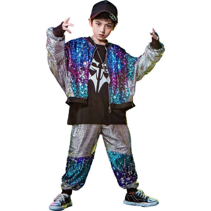 【4245人好評】ストリートダンスセット男児hiphopヒップホップ潮銀色女児ジャズダンス衣装スパンコール元旦児童演出服