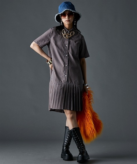 ミニ・ひざ丈/半袖 裾プリーツミニシャツワンピース 大きいサイズ有 GEVS. ミニ・ひざ丈/半袖 裾プリーツミニシャツワンピース 大きいサイズ有 GEVS.