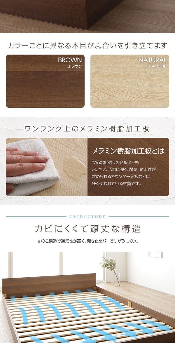 ベッド 低床 ロータイプ すのこ 木製 一枚板 フラット ヘッド シンプル モダン ナチュラル セミダブル ポケットコイルマットレス付き