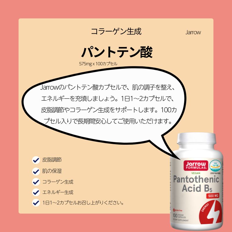 【コラーゲン生成】 パントテン酸 575mg x 100カプセル/皮脂調節