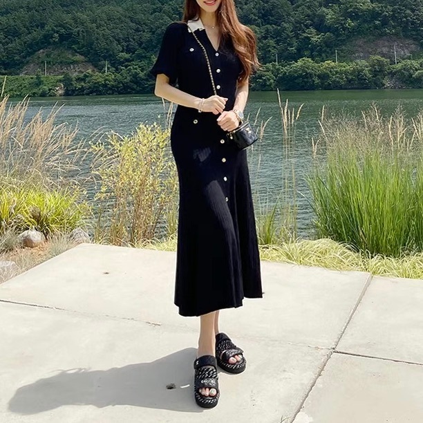 レディース ワンピース ニットワンピ ロング マキシ Vネック 襟付き 角襟 タイト スリム 細身 スマート フェミニン ポケット ハイウエスト ボタン ヴィンテージ かわいい 大人可愛い きれいめ