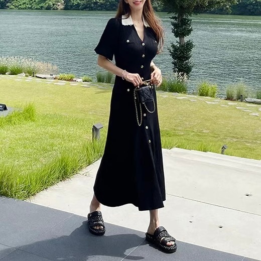 レディース ワンピース ニットワンピ ロング マキシ Vネック 襟付き 角襟 タイト スリム 細身 スマート フェミニン ポケット ハイウエスト ボタン ヴィンテージ かわいい 大人可愛い きれいめ