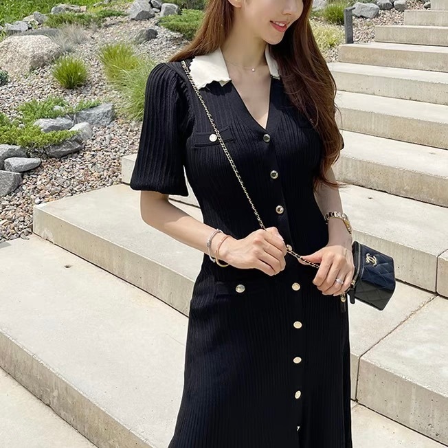 レディース ワンピース ニットワンピ ロング マキシ Vネック 襟付き 角襟 タイト スリム 細身 スマート フェミニン ポケット ハイウエスト ボタン ヴィンテージ かわいい 大人可愛い きれいめ