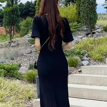 レディース ワンピース ニットワンピ ロング マキシ Vネック 襟付き 角襟 タイト スリム 細身 スマート フェミニン ポケット ハイウエスト ボタン ヴィンテージ かわいい 大人可愛い きれいめ