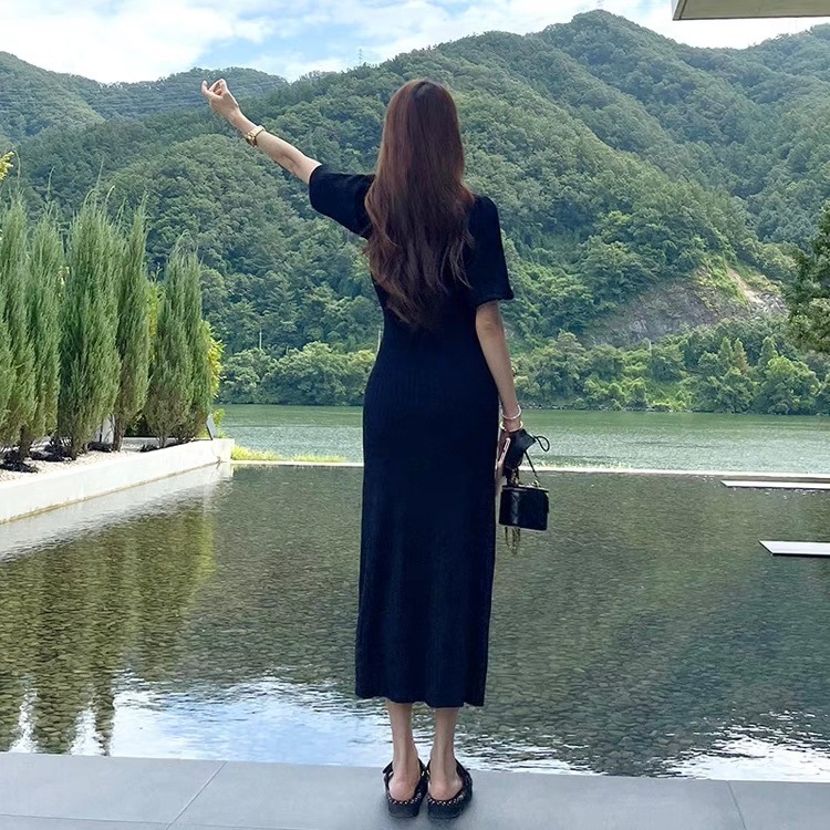 レディース ワンピース ニットワンピ ロング マキシ Vネック 襟付き 角襟 タイト スリム 細身 スマート フェミニン ポケット ハイウエスト ボタン ヴィンテージ かわいい 大人可愛い きれいめ