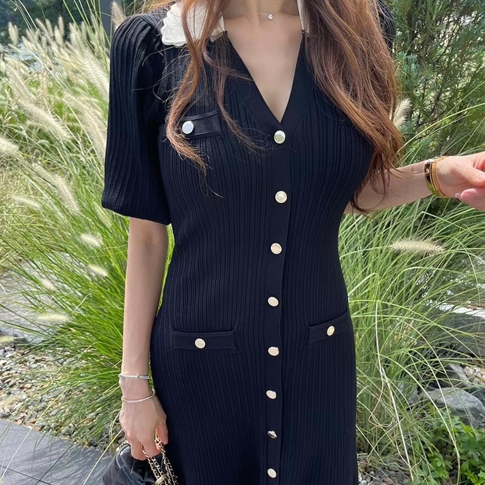 レディース ワンピース ニットワンピ ロング マキシ Vネック 襟付き 角襟 タイト スリム 細身 スマート フェミニン ポケット ハイウエスト ボタン ヴィンテージ かわいい 大人可愛い きれいめ