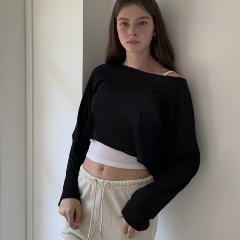 INJIACTIVE リネンクロップトップブラック INJIACTIVE リネンクロップトップブラック