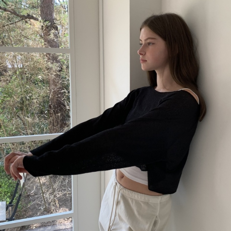 INJIACTIVE リネンクロップトップブラック INJIACTIVE リネンクロップトップブラック