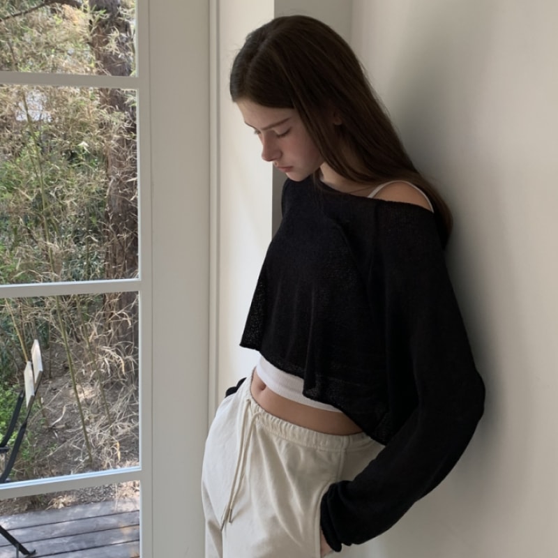 INJIACTIVE リネンクロップトップブラック INJIACTIVE リネンクロップトップブラック