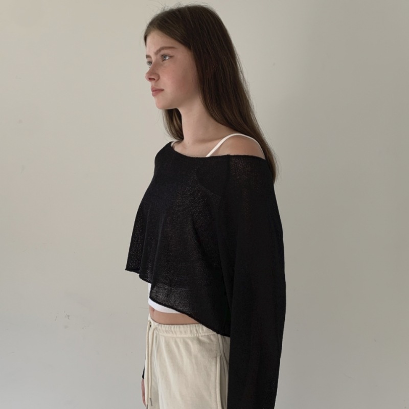 INJIACTIVE リネンクロップトップブラック INJIACTIVE リネンクロップトップブラック