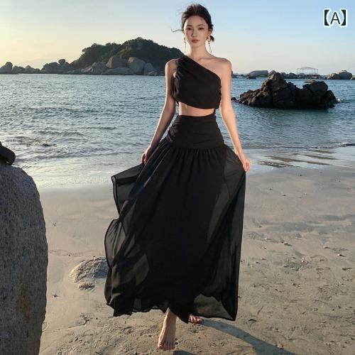 ワンピース 大人 女性 夏 薄手 斜め襟 ジッパー ビッグスイング ワンショルダードレス ボヘミアン ビーチリゾート フローラル レディース エレガント ハイウエスト ナチュラル