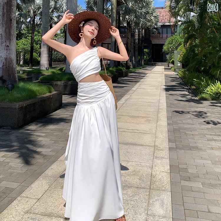 ワンピース 大人 女性 夏 薄手 斜め襟 ジッパー ビッグスイング ワンショルダードレス ボヘミアン ビーチリゾート フローラル レディース エレガント ハイウエスト ナチュラル