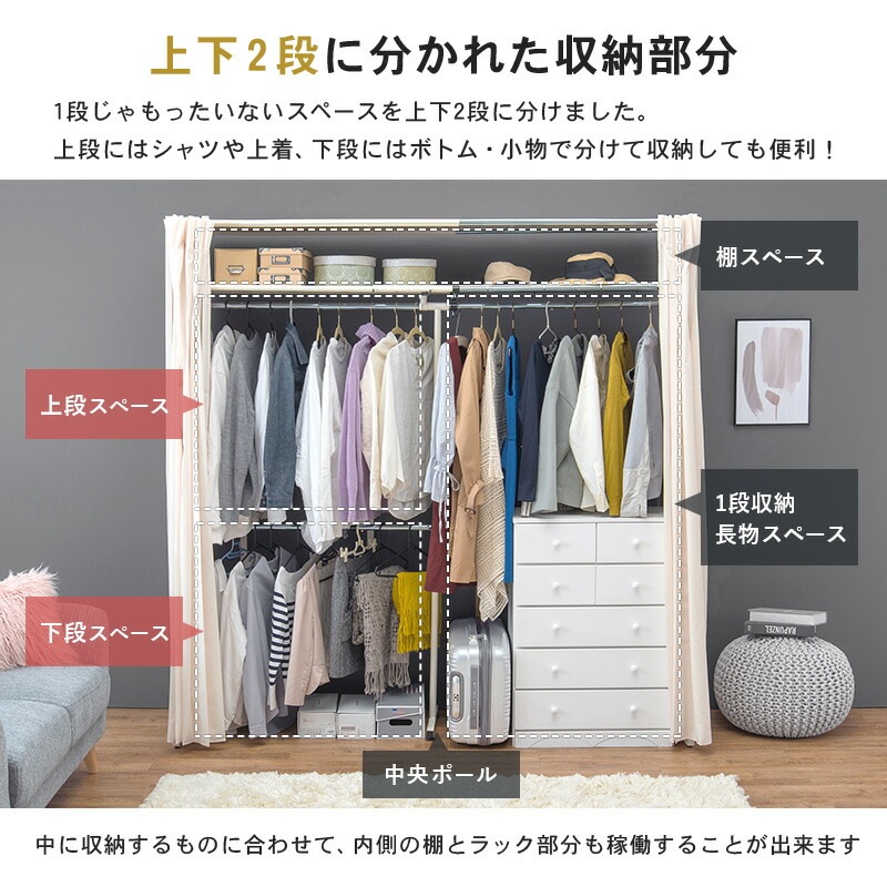 後付け伸縮クローゼット 幅118-195cm ワードローブ 目隠しカーテン 棚付き 省スペース