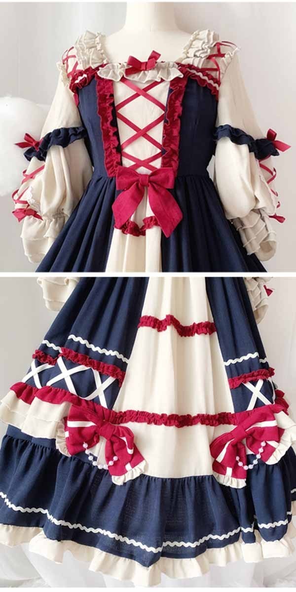 ロリータ ワンピース ゴスロリ 可愛い 袖あり 七分袖 ガーリー Aライン フリル リボン パフスリーブ ゴシック メイド コスプレ コスチューム 衣装 ハロウィン クリスマス ワインレッド ネイビー ロリータ ワンピース ゴスロリ 可愛い 袖あり 七分袖 ガーリー Aライン フリル リボン パフスリーブ ゴシック メイド コスプレ コスチューム 衣装 ハロウィン クリスマス ワインレッド ネイビー