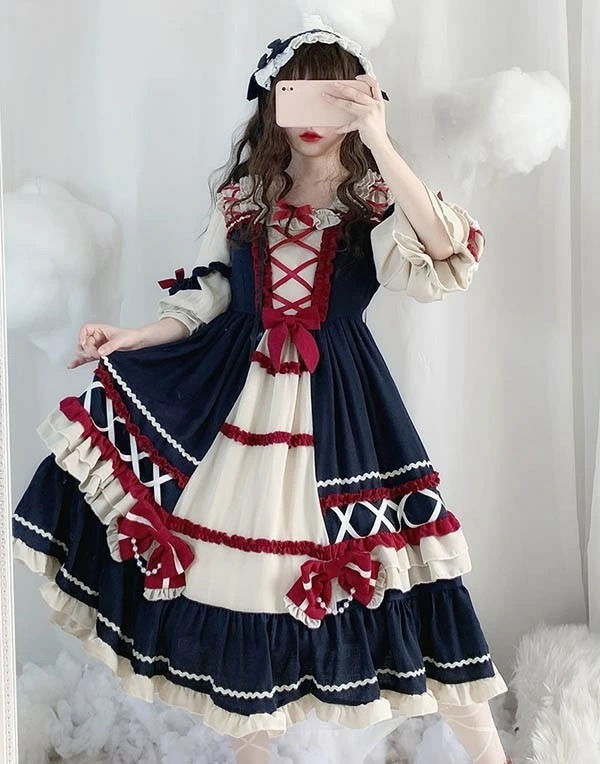 ロリータ ワンピース ゴスロリ 可愛い 袖あり 七分袖 ガーリー Aライン フリル リボン パフスリーブ ゴシック メイド コスプレ コスチューム 衣装 ハロウィン クリスマス ワインレッド ネイビー ロリータ ワンピース ゴスロリ 可愛い 袖あり 七分袖 ガーリー Aライン フリル リボン パフスリーブ ゴシック メイド コスプレ コスチューム 衣装 ハロウィン クリスマス ワインレッド ネイビー