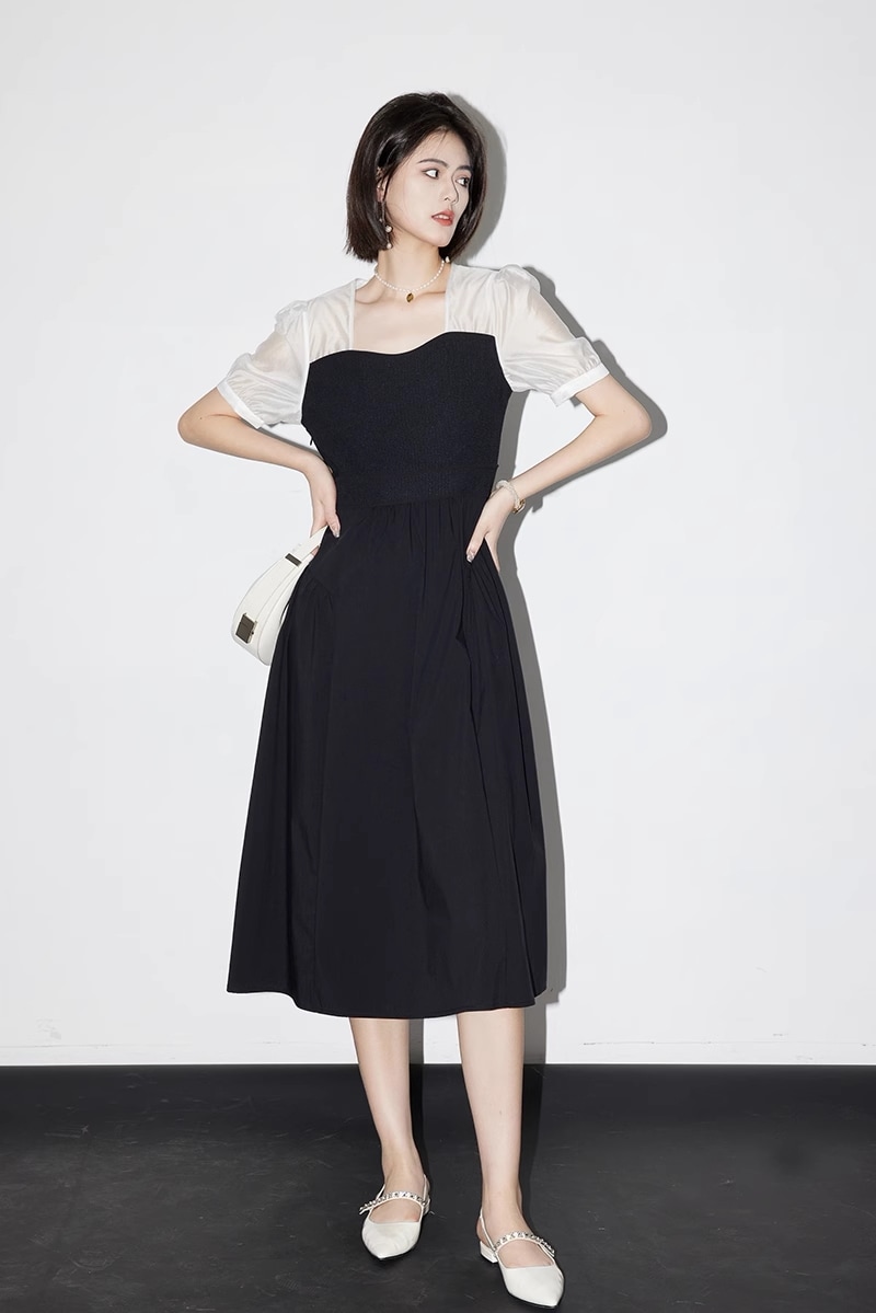 ブラック ドレス フレンチ ドレス パフスリーブ スクエア スプライシング ウエスト スリム スカート 女性 春 夏 個性的 ワンピース 膝丈 ひざ丈 膝下 袖あり 半袖 スクエアネック 襟なし ブラック ドレス フレンチ ドレス パフスリーブ スクエア スプライシング ウエスト スリム スカート 女性 春 夏 個性的 ワンピース 膝丈 ひざ丈 膝下 袖あり 半袖 スクエアネック 襟なし