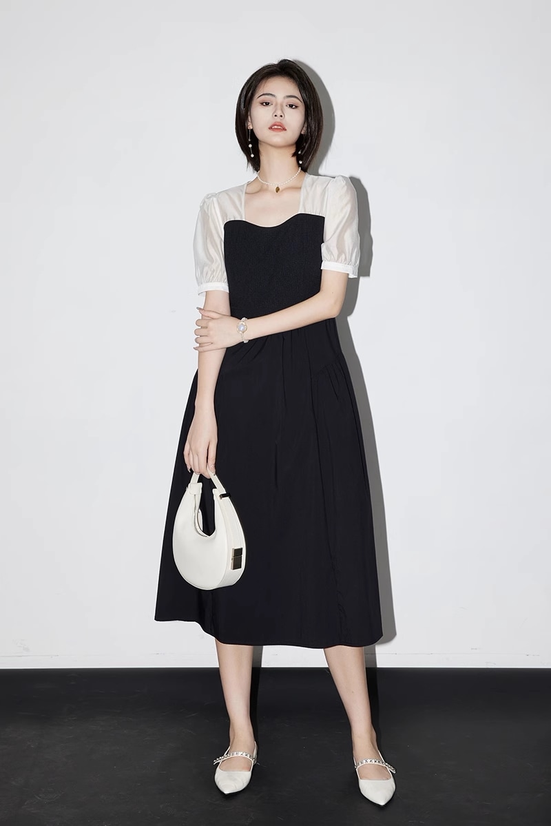 ブラック ドレス フレンチ ドレス パフスリーブ スクエア スプライシング ウエスト スリム スカート 女性 春 夏 個性的 ワンピース 膝丈 ひざ丈 膝下 袖あり 半袖 スクエアネック 襟なし ブラック ドレス フレンチ ドレス パフスリーブ スクエア スプライシング ウエスト スリム スカート 女性 春 夏 個性的 ワンピース 膝丈 ひざ丈 膝下 袖あり 半袖 スクエアネック 襟なし