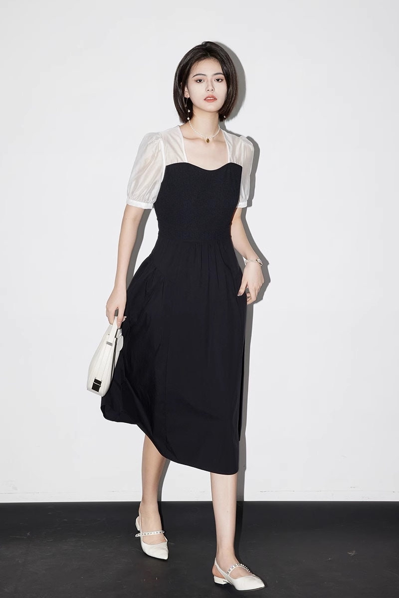 ブラック ドレス フレンチ ドレス パフスリーブ スクエア スプライシング ウエスト スリム スカート 女性 春 夏 個性的 ワンピース 膝丈 ひざ丈 膝下 袖あり 半袖 スクエアネック 襟なし ブラック ドレス フレンチ ドレス パフスリーブ スクエア スプライシング ウエスト スリム スカート 女性 春 夏 個性的 ワンピース 膝丈 ひざ丈 膝下 袖あり 半袖 スクエアネック 襟なし