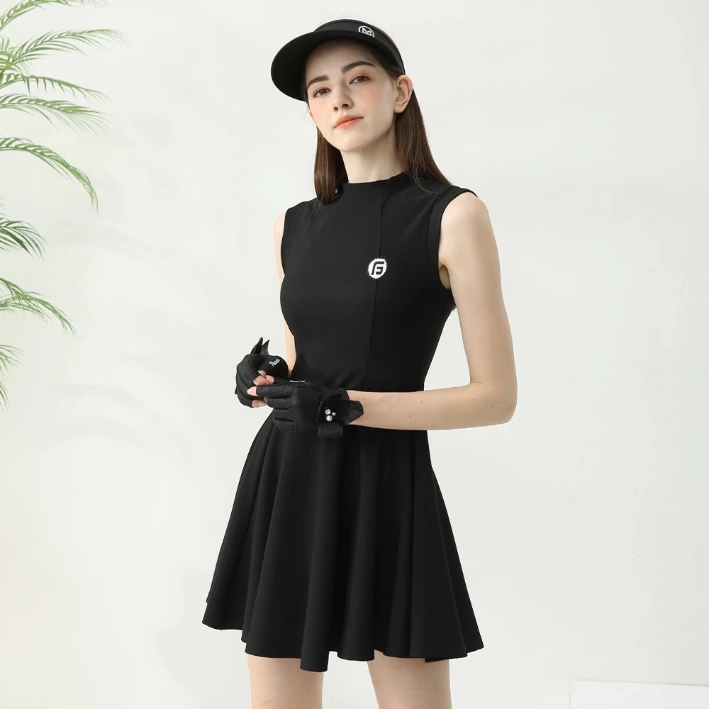 おしゃれ 韓国風 テニスウェア 女性 速乾 プリーツスカ 白 黒 パープル スカート 袖無し ワンピース ゴルフスカート スポーツウェア レディース ゴルフウェア_2