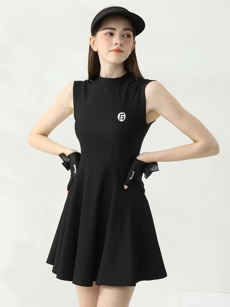 おしゃれ 韓国風 テニスウェア 女性 速乾 プリーツスカ 白 黒 パープル スカート 袖無し ワンピース ゴルフスカート スポーツウェア レディース ゴルフウェア_4