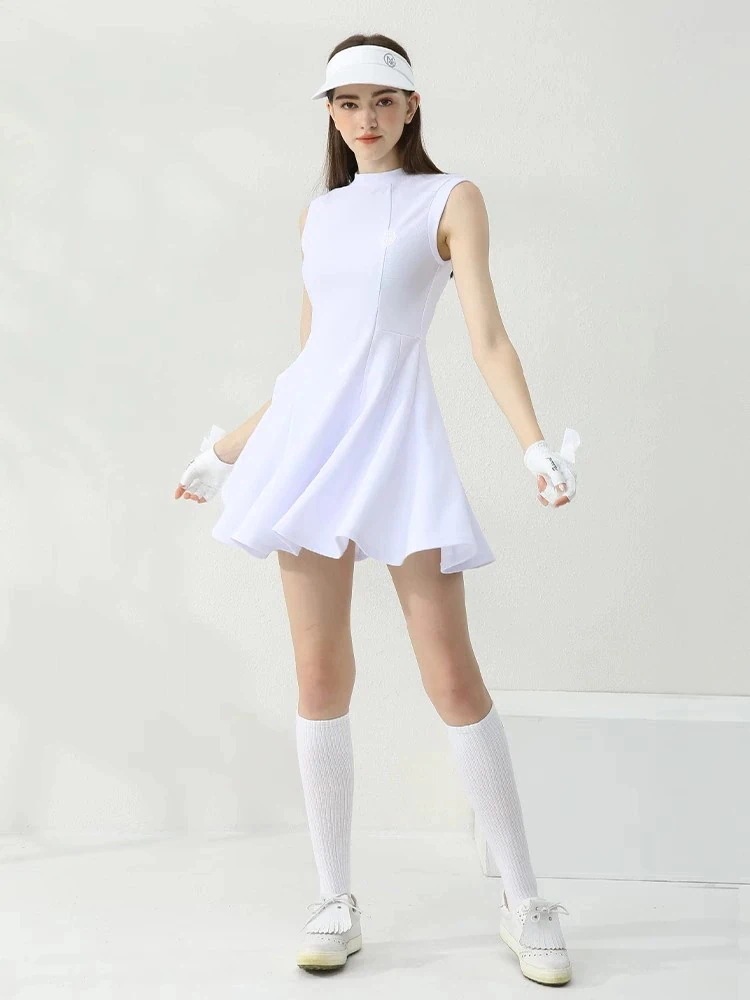 おしゃれ 韓国風 テニスウェア 女性 速乾 プリーツスカ 白 黒 パープル スカート 袖無し ワンピース ゴルフスカート スポーツウェア レディース ゴルフウェア_5