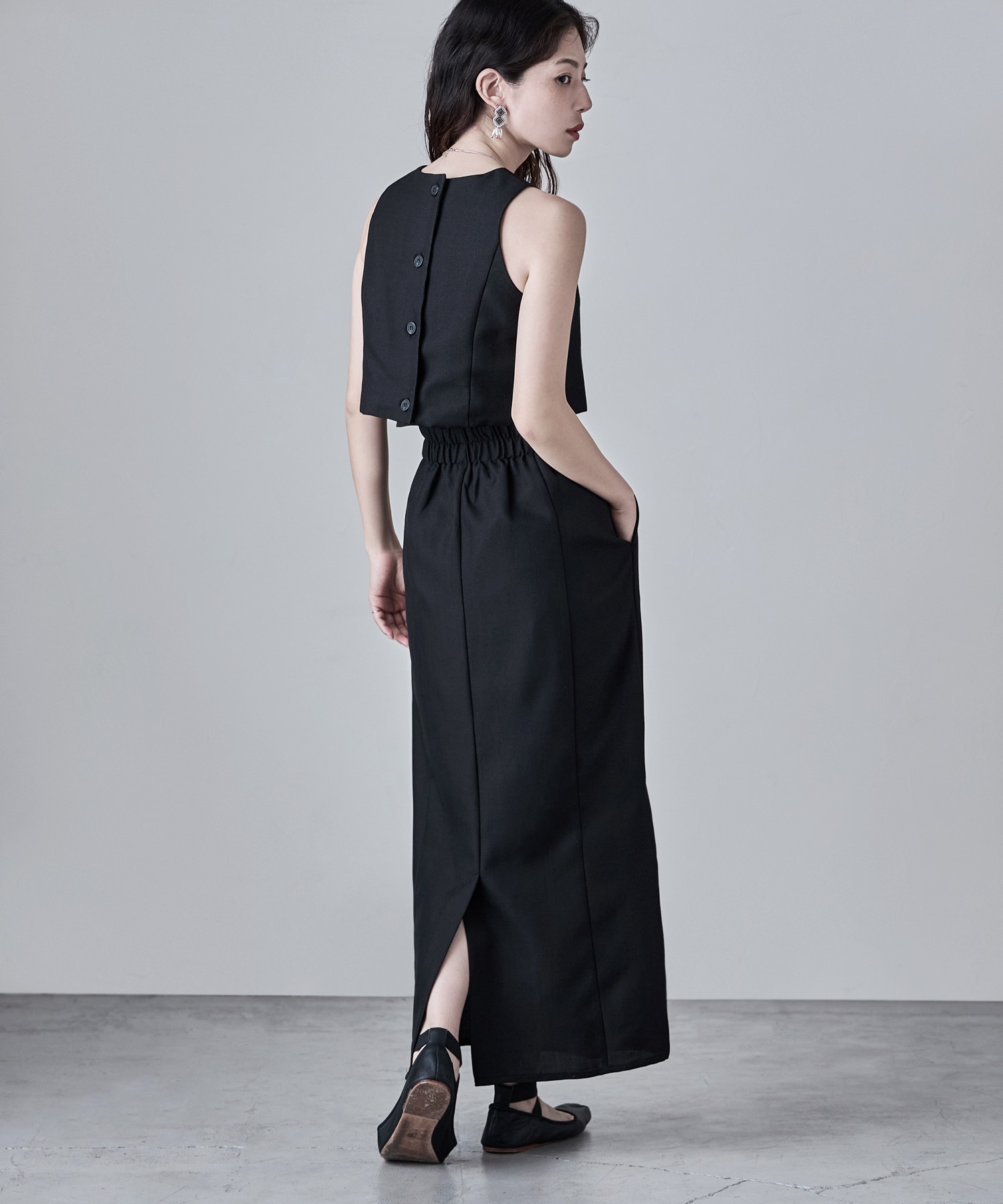 リネンタッチハイウエストタイトスカート ボトムス スカート ナロースカート タックスカート ロング丈 ロング タイト スカート Iライン セットアップ リネン風 タック 無地 ウエストゴム