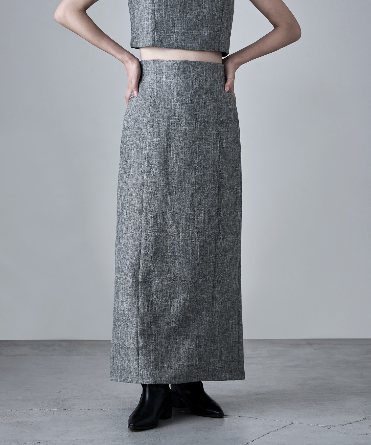 リネンタッチハイウエストタイトスカート ボトムス スカート ナロースカート タックスカート ロング丈 ロング タイト スカート Iライン セットアップ リネン風 タック 無地 ウエストゴム