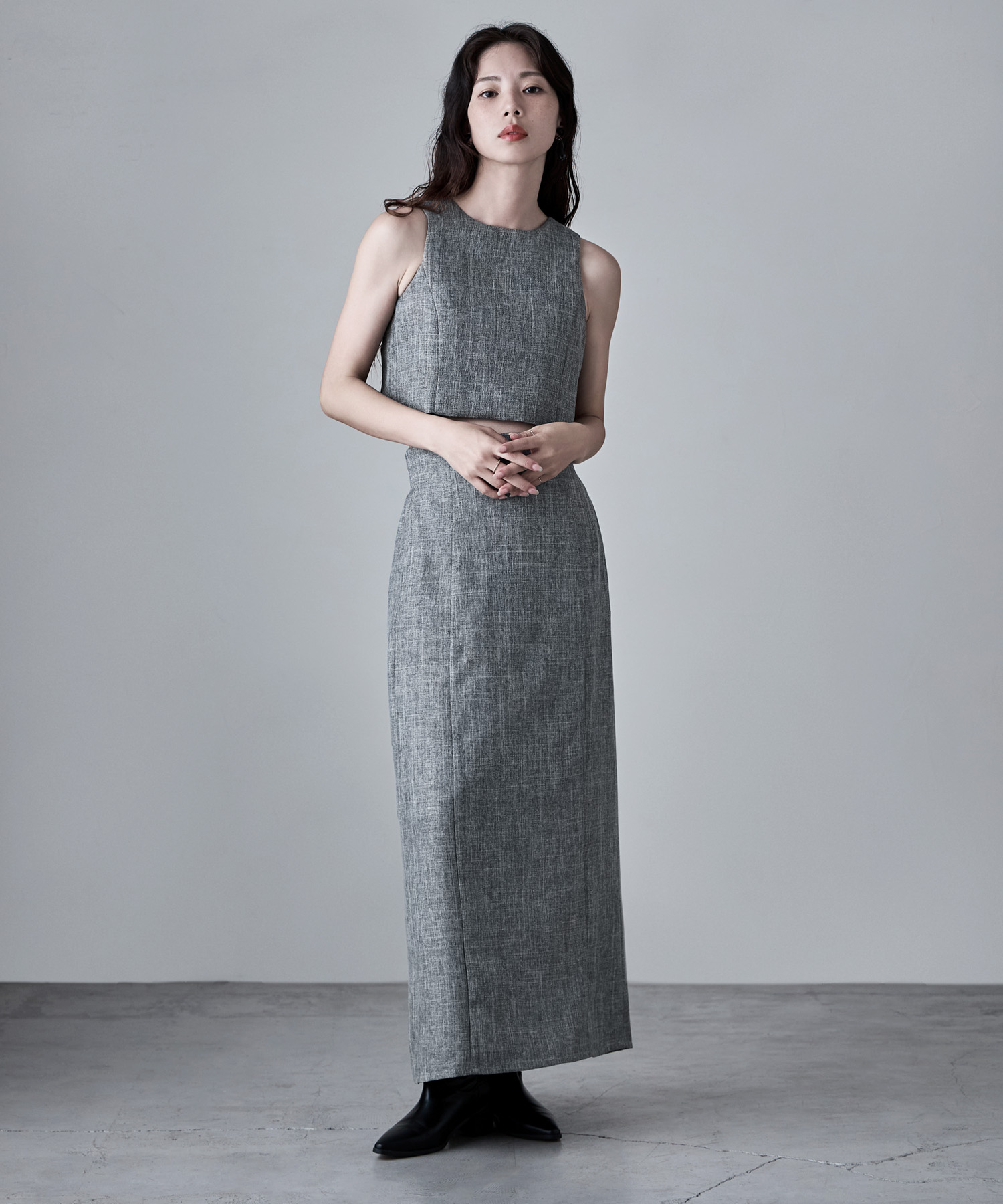 リネンタッチハイウエストタイトスカート ボトムス スカート ナロースカート タックスカート ロング丈 ロング タイト スカート Iライン セットアップ リネン風 タック 無地 ウエストゴム