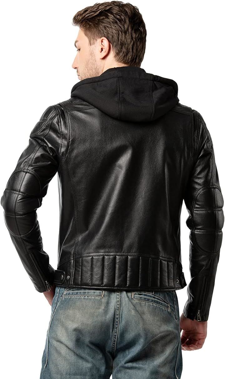 メンズ レザージャケット 革ジャン 本革レザー ライダース コート 取り外しフード付き( ブラック, M)