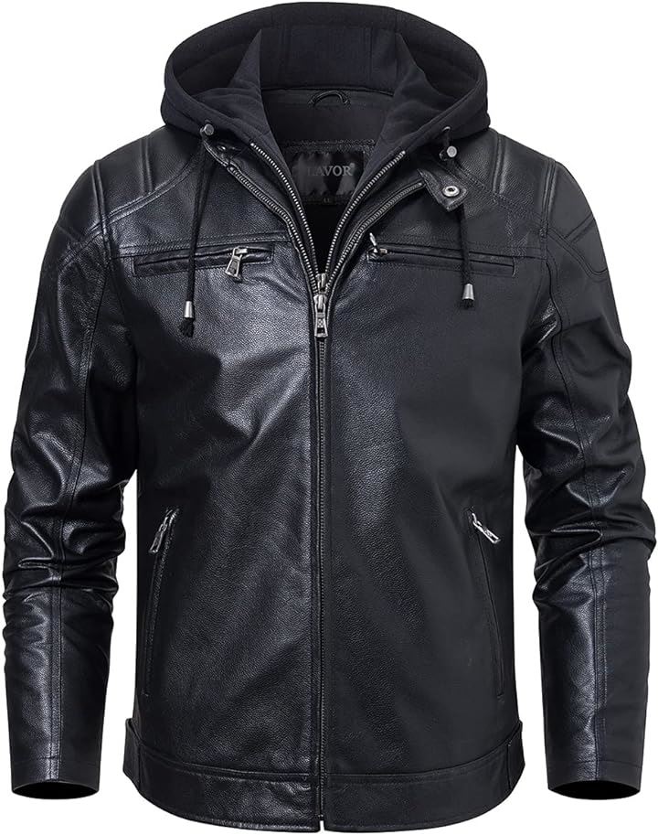 メンズ レザージャケット 革ジャン 本革レザー ライダース コート 取り外しフード付き( ブラック, M)