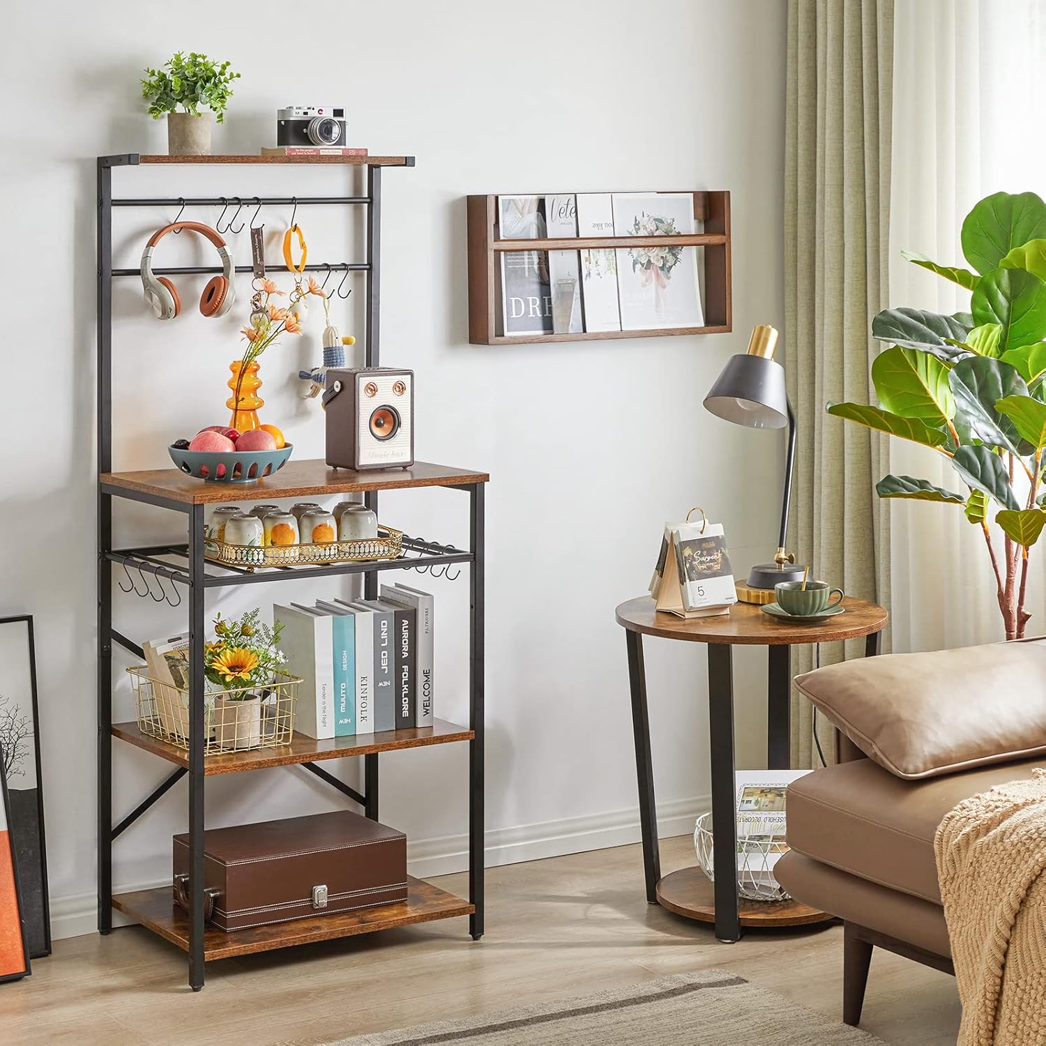 YMYNY レンジ台レンジボード 5層 キッチンワゴン 大型レンジ対応 工業用コーヒー バー ステーション 調節可能なワイン ホルダーと12個S字ラックを付き 幅59×奥行40×高さ143cm 茶色 YMYNY レンジ台レンジボード 5層 キッチンワゴン 大型レンジ対応 工業用コーヒー バー ステーション 調節可能なワイン ホルダーと12個S字ラックを付き 幅59×奥行40×高さ143cm 茶色