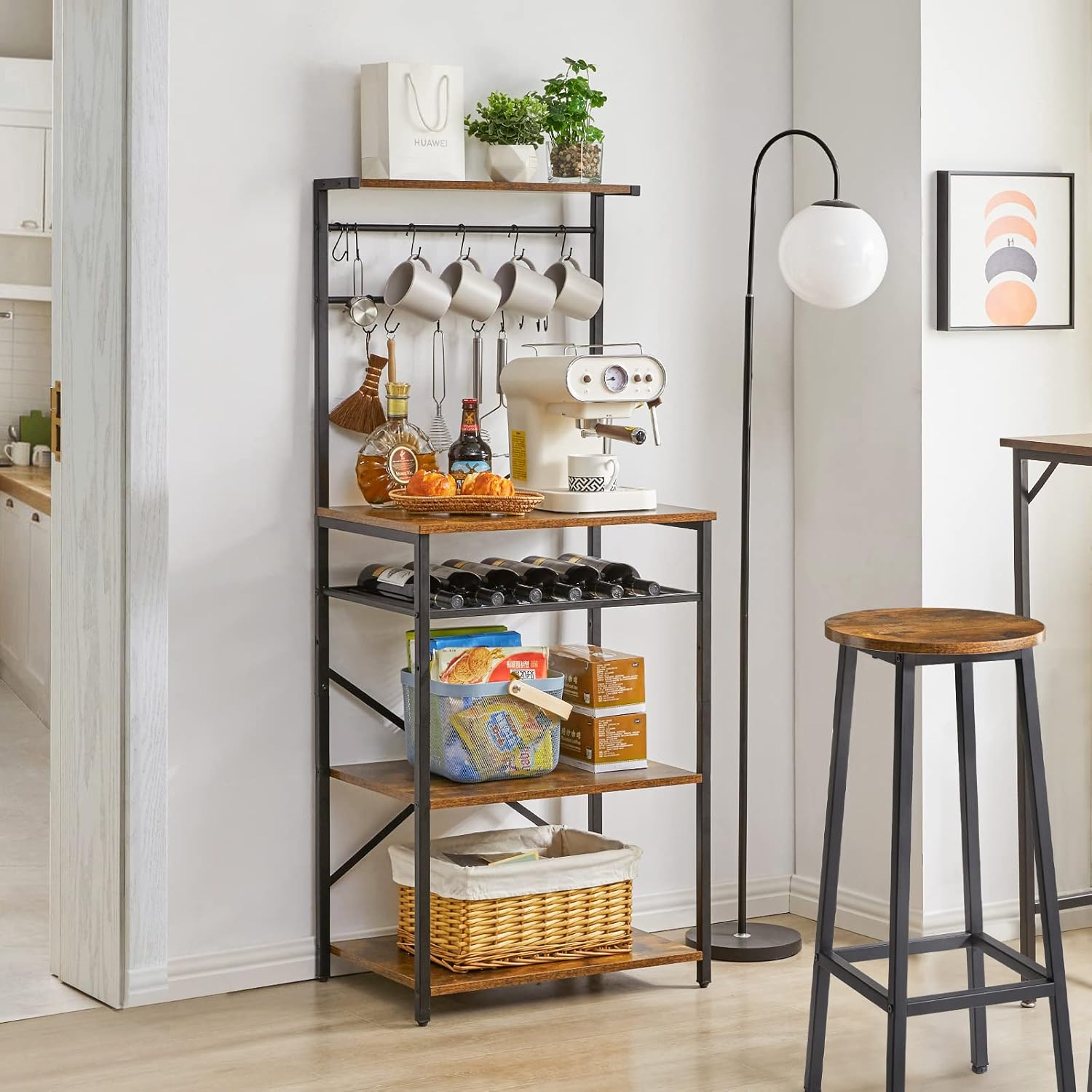 YMYNY レンジ台レンジボード 5層 キッチンワゴン 大型レンジ対応 工業用コーヒー バー ステーション 調節可能なワイン ホルダーと12個S字ラックを付き 幅59×奥行40×高さ143cm 茶色 YMYNY レンジ台レンジボード 5層 キッチンワゴン 大型レンジ対応 工業用コーヒー バー ステーション 調節可能なワイン ホルダーと12個S字ラックを付き 幅59×奥行40×高さ143cm 茶色