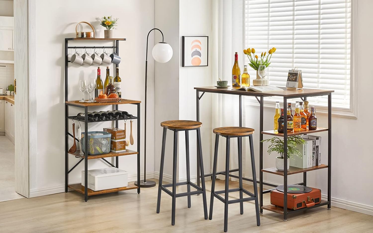 YMYNY レンジ台レンジボード 5層 キッチンワゴン 大型レンジ対応 工業用コーヒー バー ステーション 調節可能なワイン ホルダーと12個S字ラックを付き 幅59×奥行40×高さ143cm 茶色 YMYNY レンジ台レンジボード 5層 キッチンワゴン 大型レンジ対応 工業用コーヒー バー ステーション 調節可能なワイン ホルダーと12個S字ラックを付き 幅59×奥行40×高さ143cm 茶色