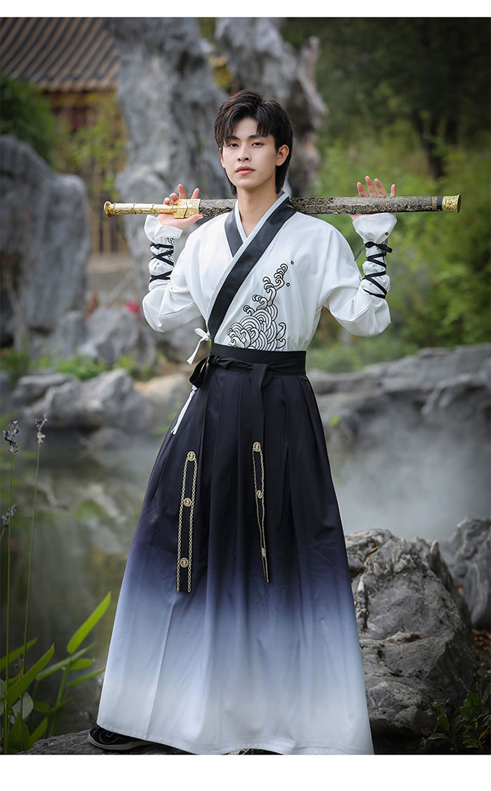 漢服 メンズ チャイナ コスプレ衣装 ロング丈 ブラック 黒 ホワイト 白 海 浪 波 刺繍 ハロウィン コスプレ 仮装 衣装 チャイナ風 イベント ステージ衣装 舞台衣装 チャイナ服 コスプレ 時代
