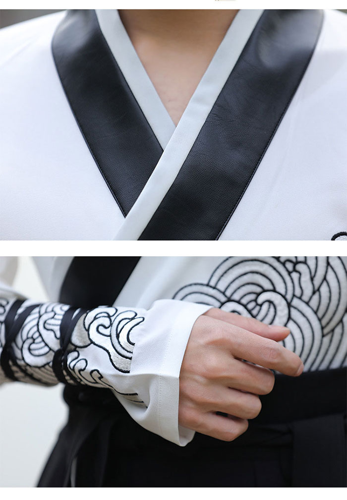 漢服 メンズ チャイナ コスプレ衣装 ロング丈 ブラック 黒 ホワイト 白 海 浪 波 刺繍 ハロウィン コスプレ 仮装 衣装 チャイナ風 イベント ステージ衣装 舞台衣装 チャイナ服 コスプレ 時代