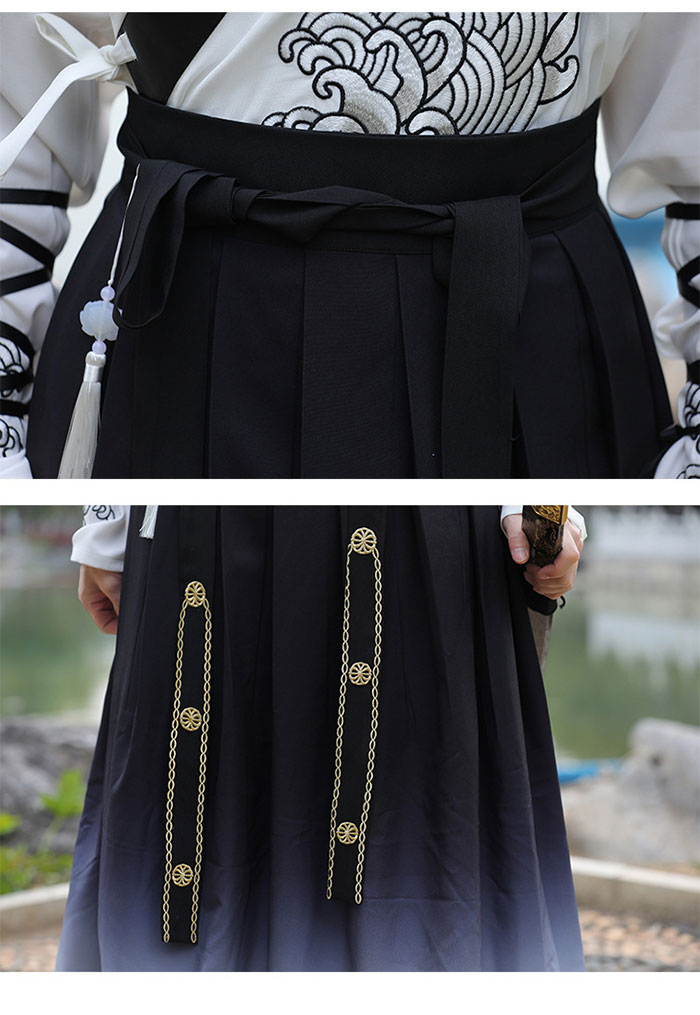 漢服 メンズ チャイナ コスプレ衣装 ロング丈 ブラック 黒 ホワイト 白 海 浪 波 刺繍 ハロウィン コスプレ 仮装 衣装 チャイナ風 イベント ステージ衣装 舞台衣装 チャイナ服 コスプレ 時代