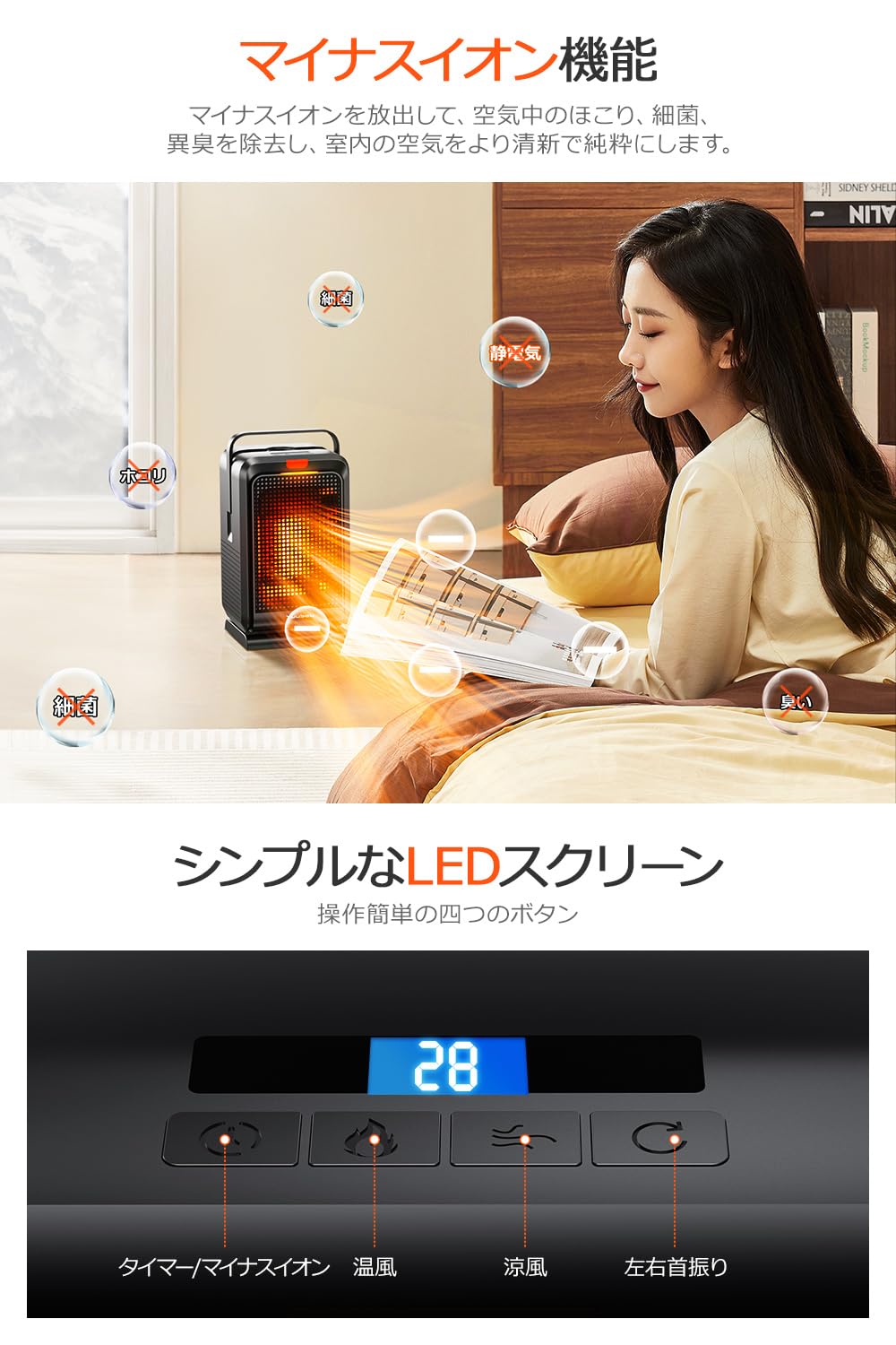ヒーター 小型 セラミックヒーター 1200W 【2024冬新型&マイナスイオン&LCDディスプレー表示】 ファンヒーター 足元 冷暖兼用 4段階風量 切タイマー 省エネ 節電対策 34780