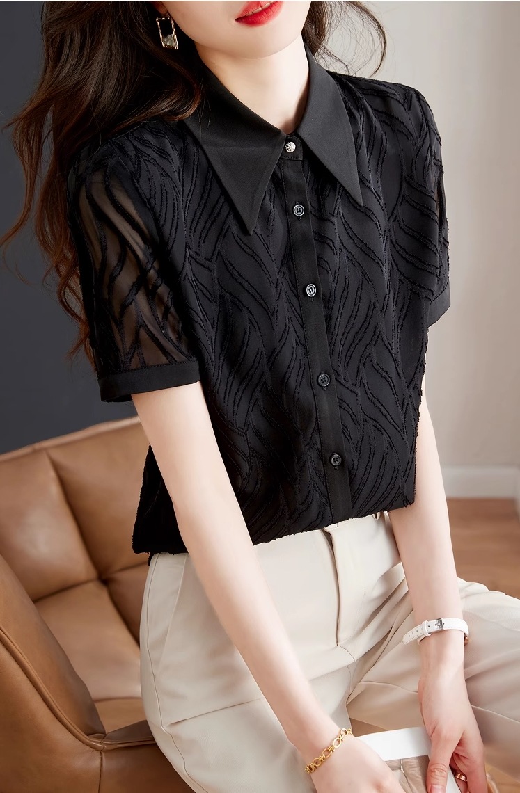 黒 シャツ 女性 半袖 ルーズ スリム シフォン トップ デザインセンス ニッチ オールマッチ シャツ 個性的 トップス Tシャツ シャツ 袖あり 半袖 襟付き きれいめ シンプル カジュアル 大人 黒 シャツ 女性 半袖 ルーズ スリム シフォン トップ デザインセンス ニッチ オールマッチ シャツ 個性的 トップス Tシャツ シャツ 袖あり 半袖 襟付き きれいめ シンプル カジュアル 大人