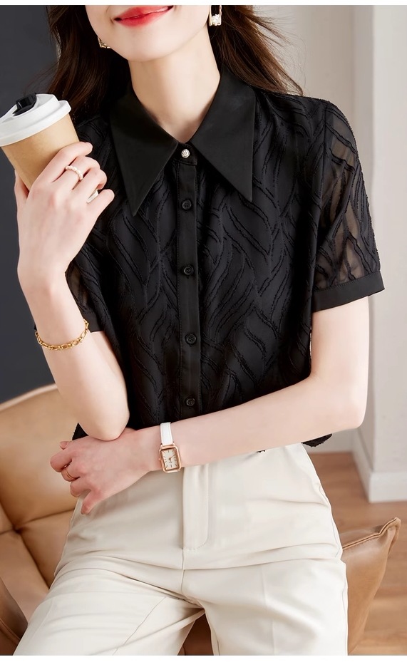黒 シャツ 女性 半袖 ルーズ スリム シフォン トップ デザインセンス ニッチ オールマッチ シャツ 個性的 トップス Tシャツ シャツ 袖あり 半袖 襟付き きれいめ シンプル カジュアル 大人 黒 シャツ 女性 半袖 ルーズ スリム シフォン トップ デザインセンス ニッチ オールマッチ シャツ 個性的 トップス Tシャツ シャツ 袖あり 半袖 襟付き きれいめ シンプル カジュアル 大人