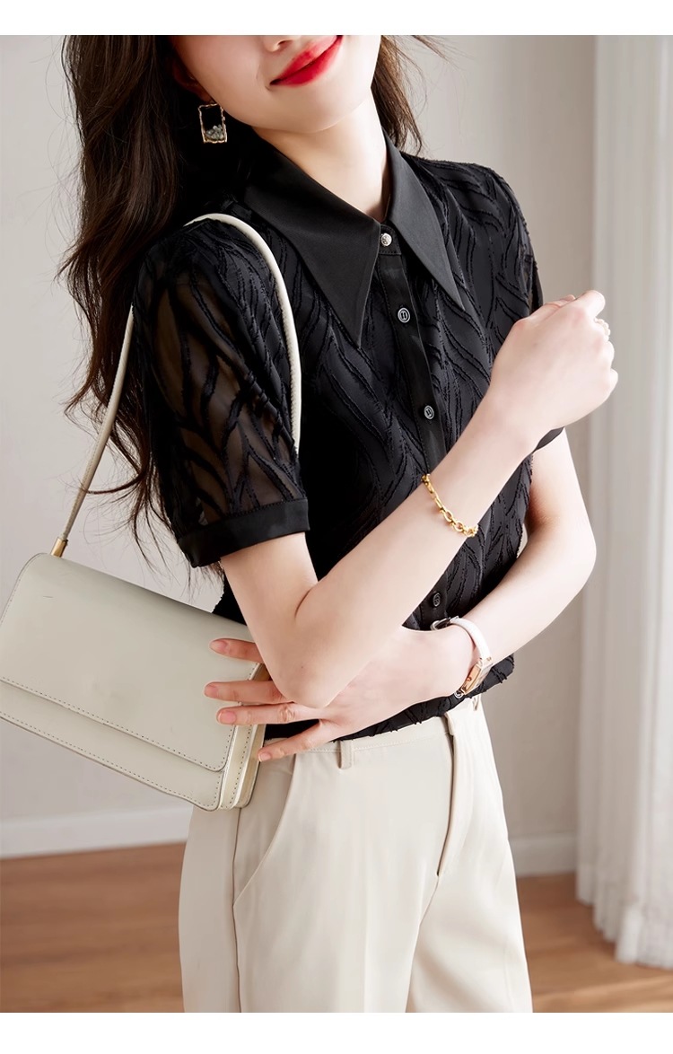 黒 シャツ 女性 半袖 ルーズ スリム シフォン トップ デザインセンス ニッチ オールマッチ シャツ 個性的 トップス Tシャツ シャツ 袖あり 半袖 襟付き きれいめ シンプル カジュアル 大人 黒 シャツ 女性 半袖 ルーズ スリム シフォン トップ デザインセンス ニッチ オールマッチ シャツ 個性的 トップス Tシャツ シャツ 袖あり 半袖 襟付き きれいめ シンプル カジュアル 大人