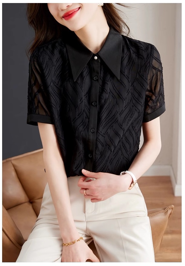 黒 シャツ 女性 半袖 ルーズ スリム シフォン トップ デザインセンス ニッチ オールマッチ シャツ 個性的 トップス Tシャツ シャツ 袖あり 半袖 襟付き きれいめ シンプル カジュアル 大人 黒 シャツ 女性 半袖 ルーズ スリム シフォン トップ デザインセンス ニッチ オールマッチ シャツ 個性的 トップス Tシャツ シャツ 袖あり 半袖 襟付き きれいめ シンプル カジュアル 大人