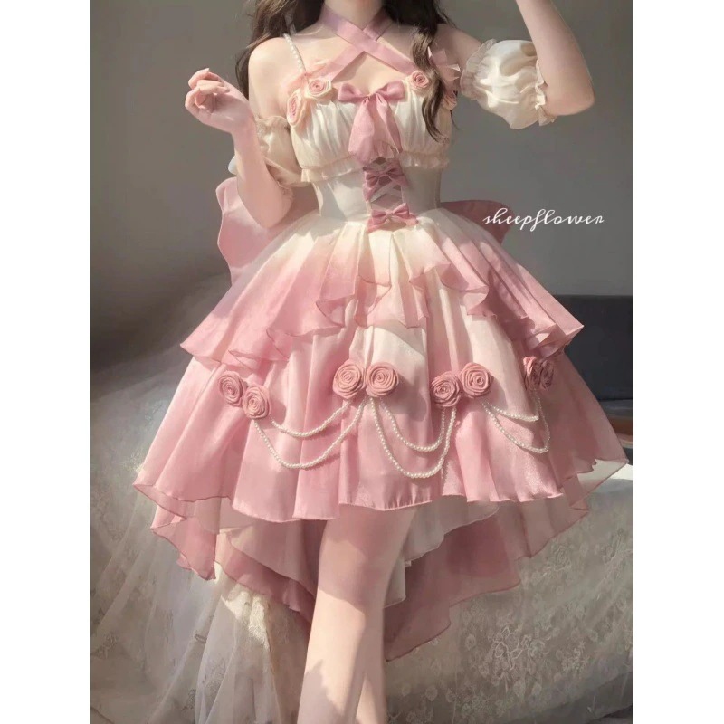 人気グラデーションピンクライトフラワーウェディングロリータファインフラッシュロードレスロリータふわふわプリンセスドレスメス