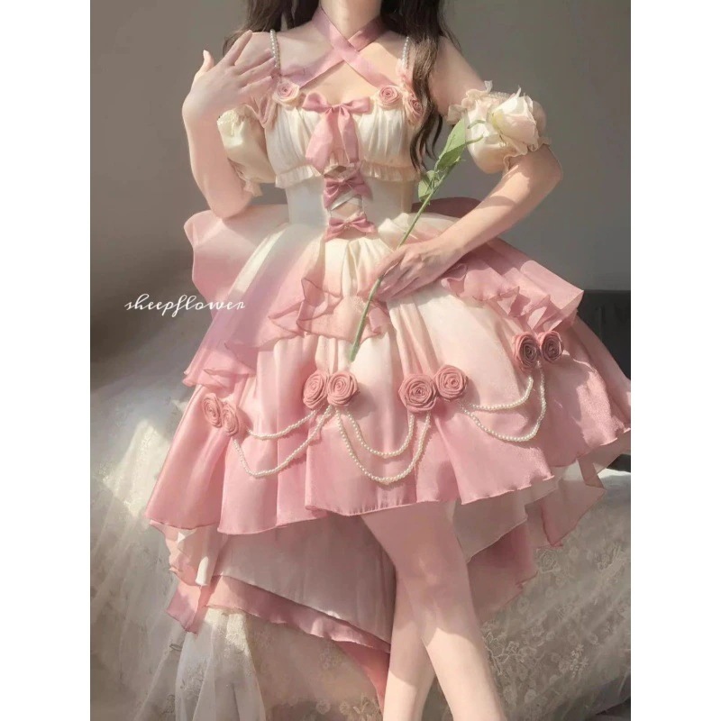 人気グラデーションピンクライトフラワーウェディングロリータファインフラッシュロードレスロリータふわふわプリンセスドレスメス