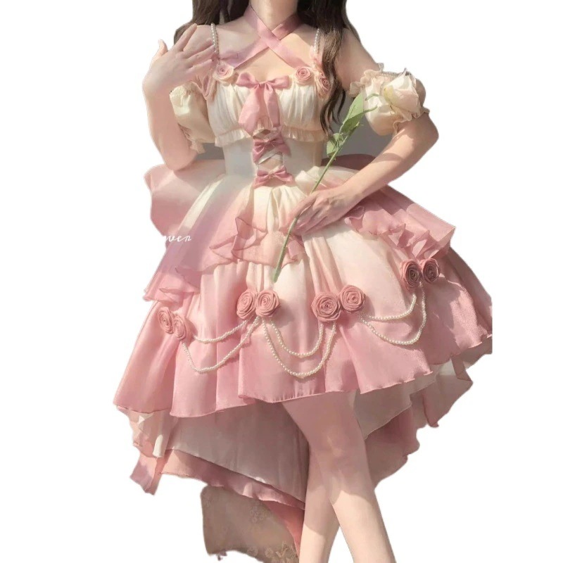 人気グラデーションピンクライトフラワーウェディングロリータファインフラッシュロードレスロリータふわふわプリンセスドレスメス