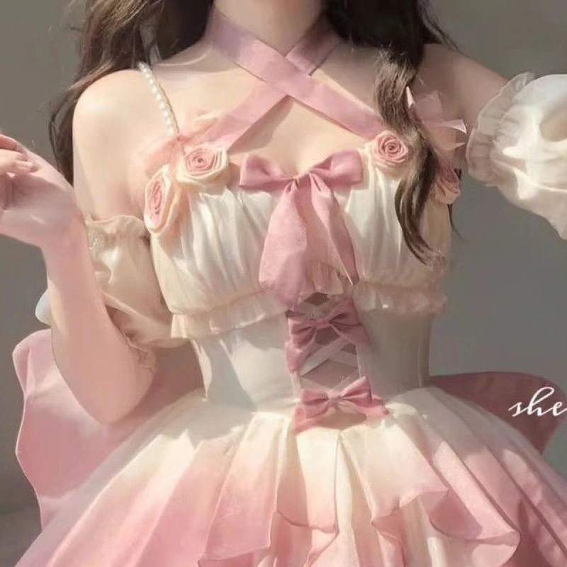 人気グラデーションピンクライトフラワーウェディングロリータファインフラッシュロードレスロリータふわふわプリンセスドレスメス