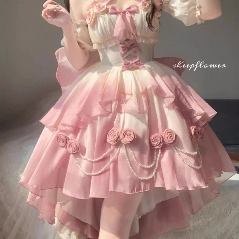 人気グラデーションピンクライトフラワーウェディングロリータファインフラッシュロードレスロリータふわふわプリンセスドレスメス