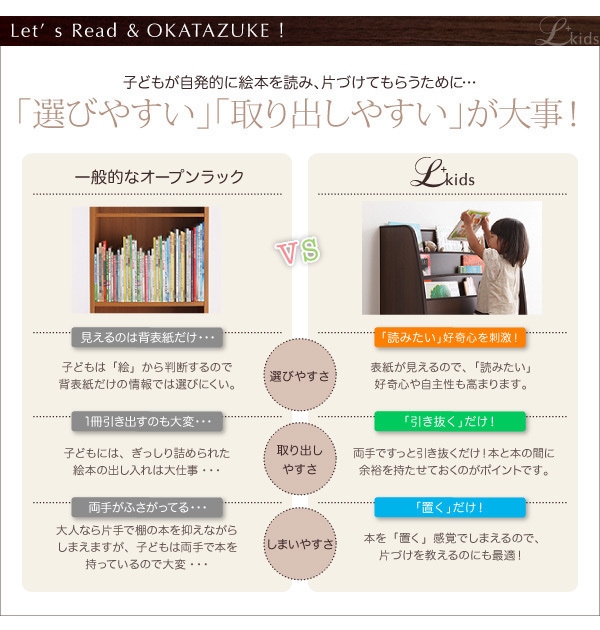 ソフト素材キッズファニチャー　[Lkids]エルキッズ　[棚付絵本ラック]　レギュラー　ウォルナット＋ダークブラウン　絵本棚/リビング/キッズ家具/子供用家具/子供部屋/収納