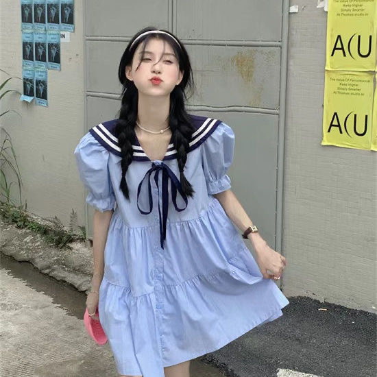 かわいい制服ワンピース学院風夏のロングスカート元気少女ミディアムワンピースjkセーラー服cos服