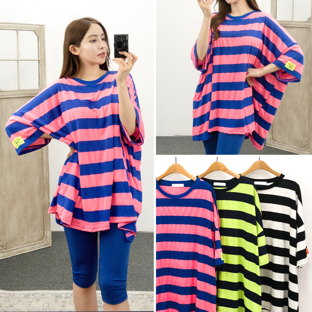 ワッペン ストライプ オーバーフィット 半袖 ビッグサイズ Tシャツ ロングTシャツ