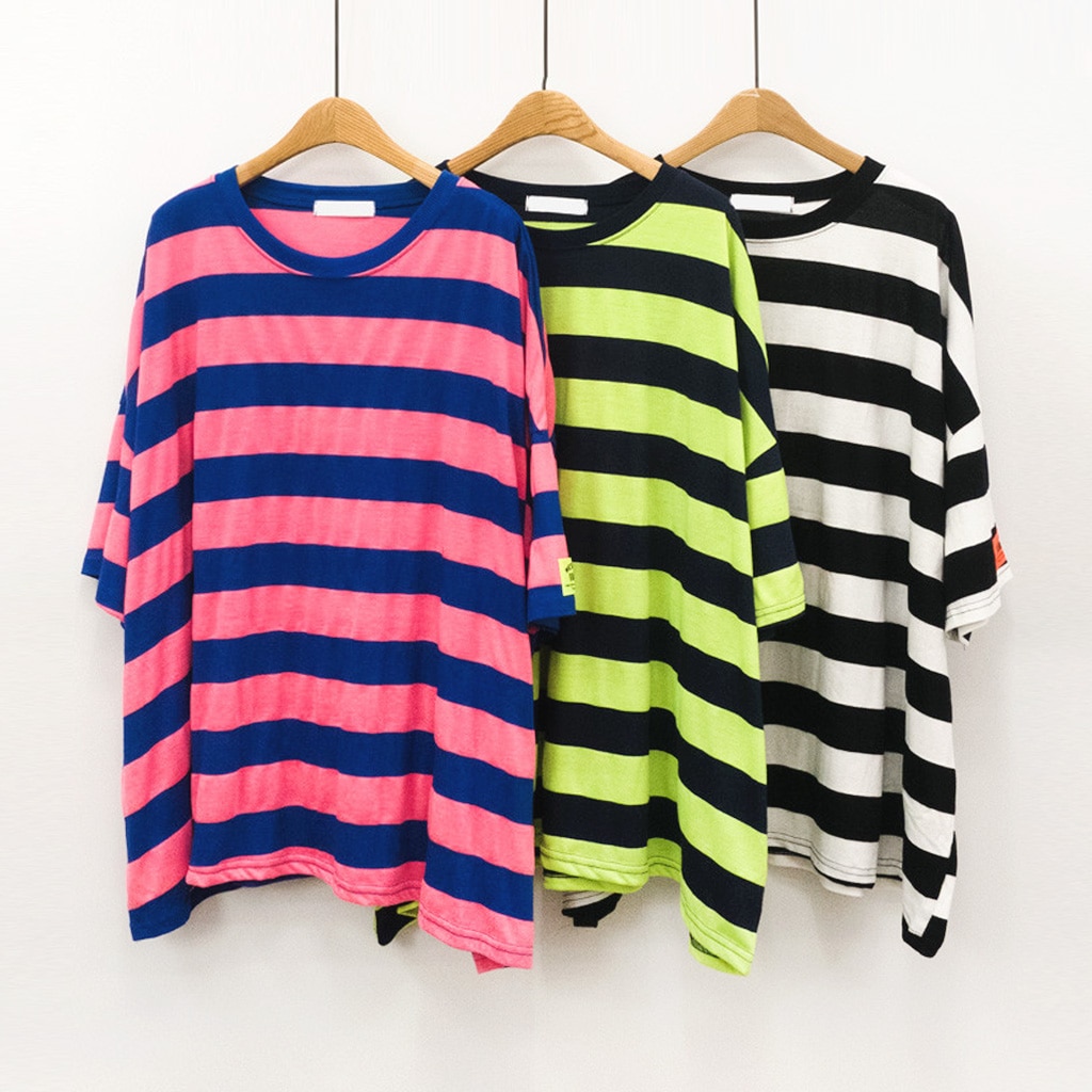 ワッペン ストライプ オーバーフィット 半袖 ビッグサイズ Tシャツ ロングTシャツ